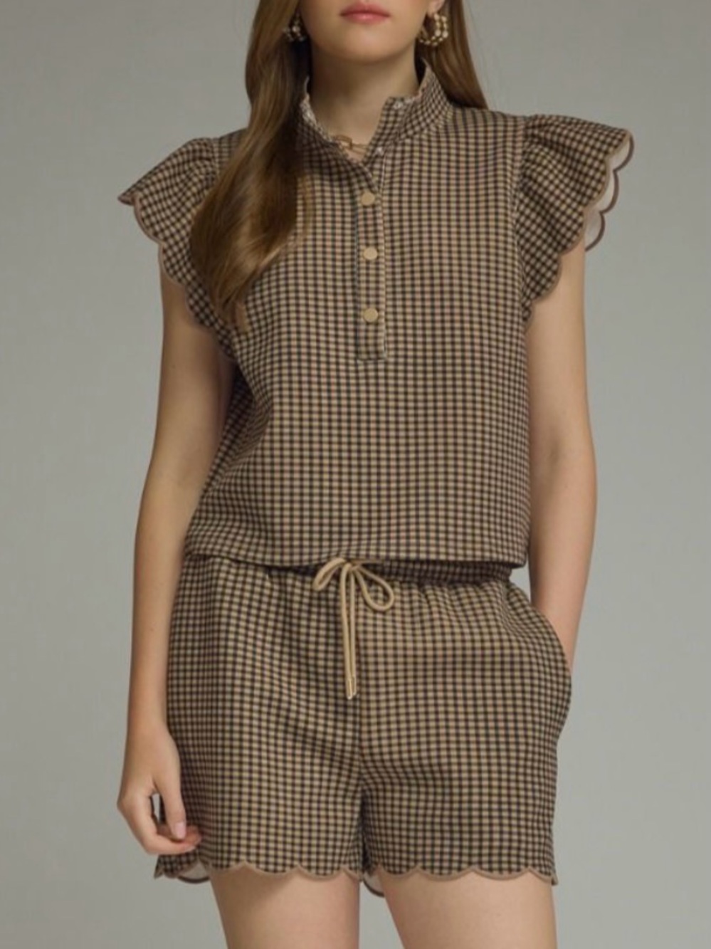 Entro-Checked Scallop Short Set - Brown